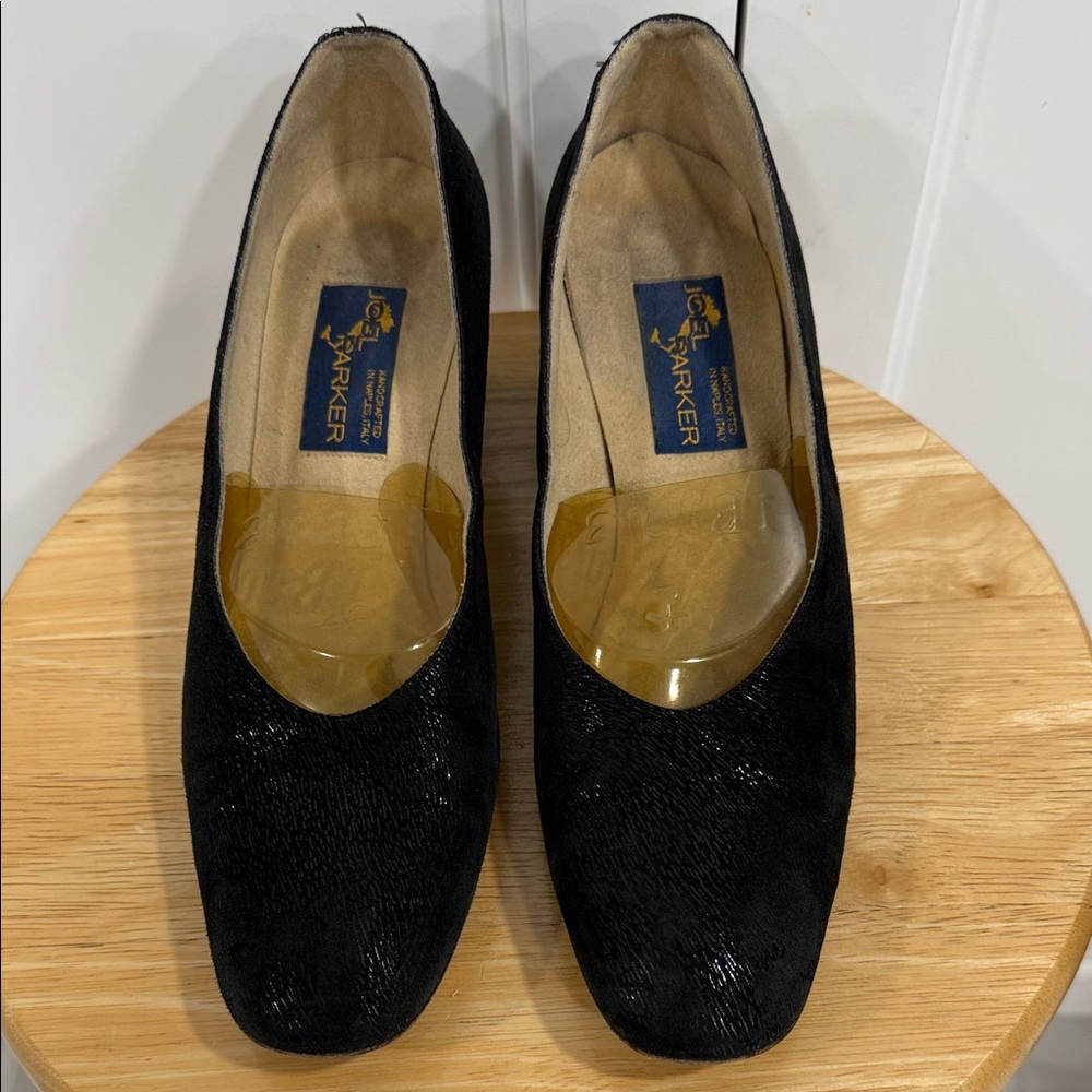 JOEL PARKER METALLIC SUEDE PUMPS SIZE 9.5 WOMENS BLACK NAPKES ITALY CHUNKY HEEL